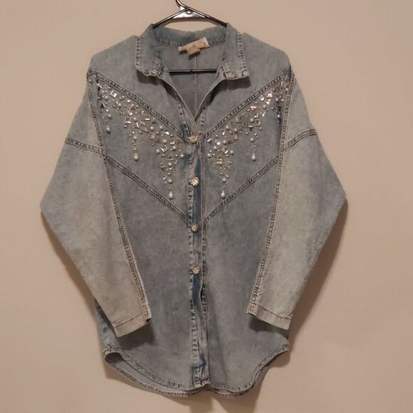 Tops - Monique fashions Vintage Blue Jean Embellished Button Up Shirt